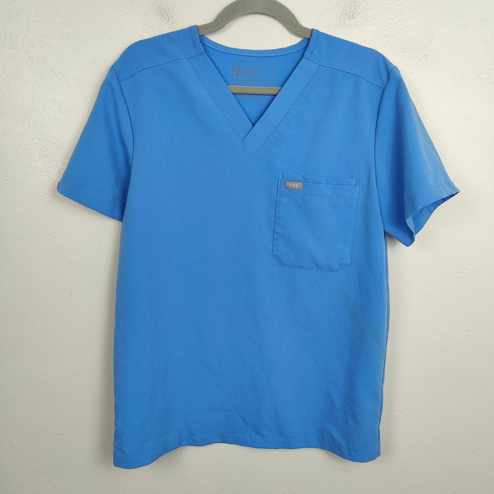 FIGS Leon Three Pocket Scrub Top‎ Mens Small Blue V Neck Medical Dental